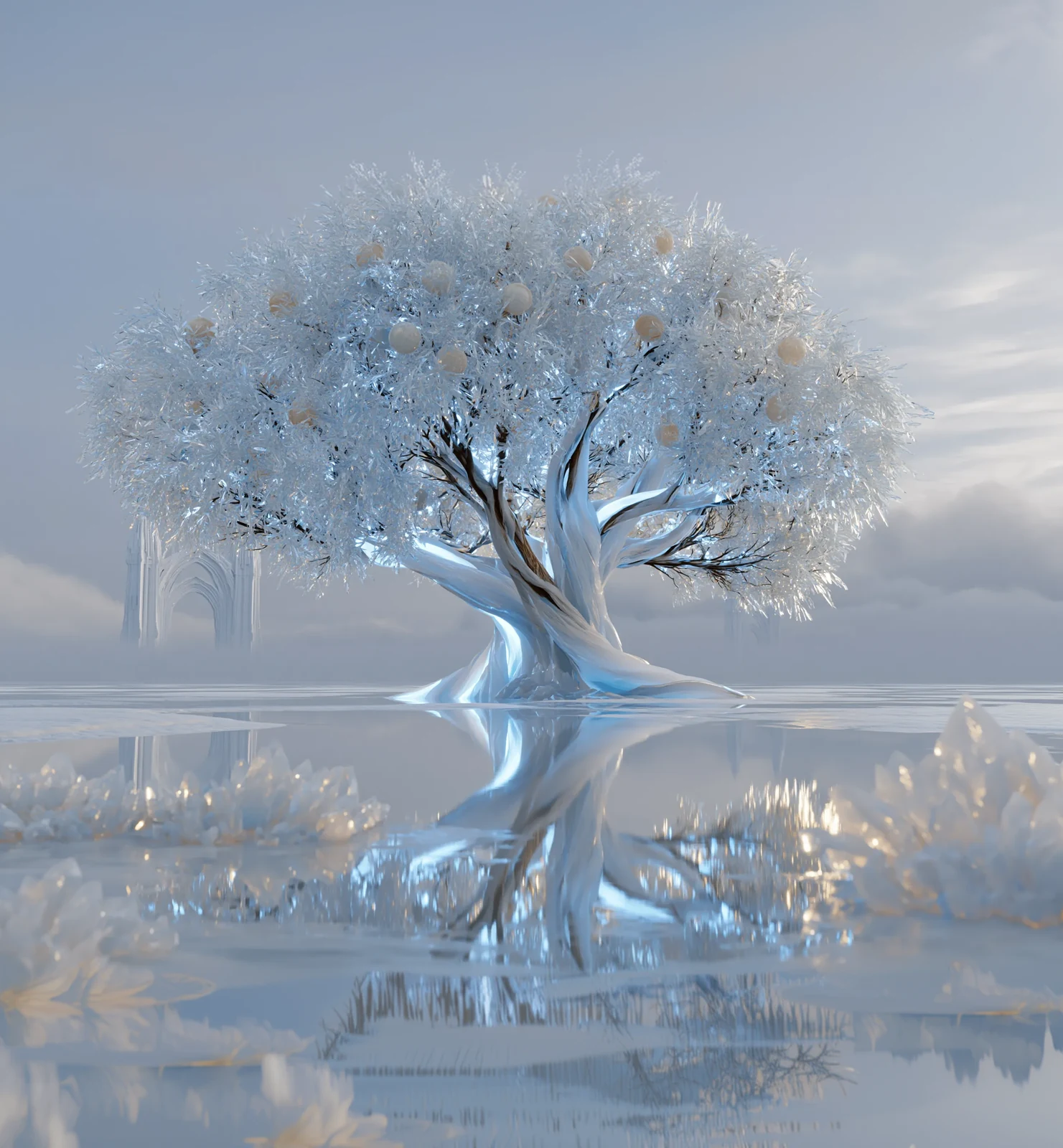 A luminous tree reflected in still water